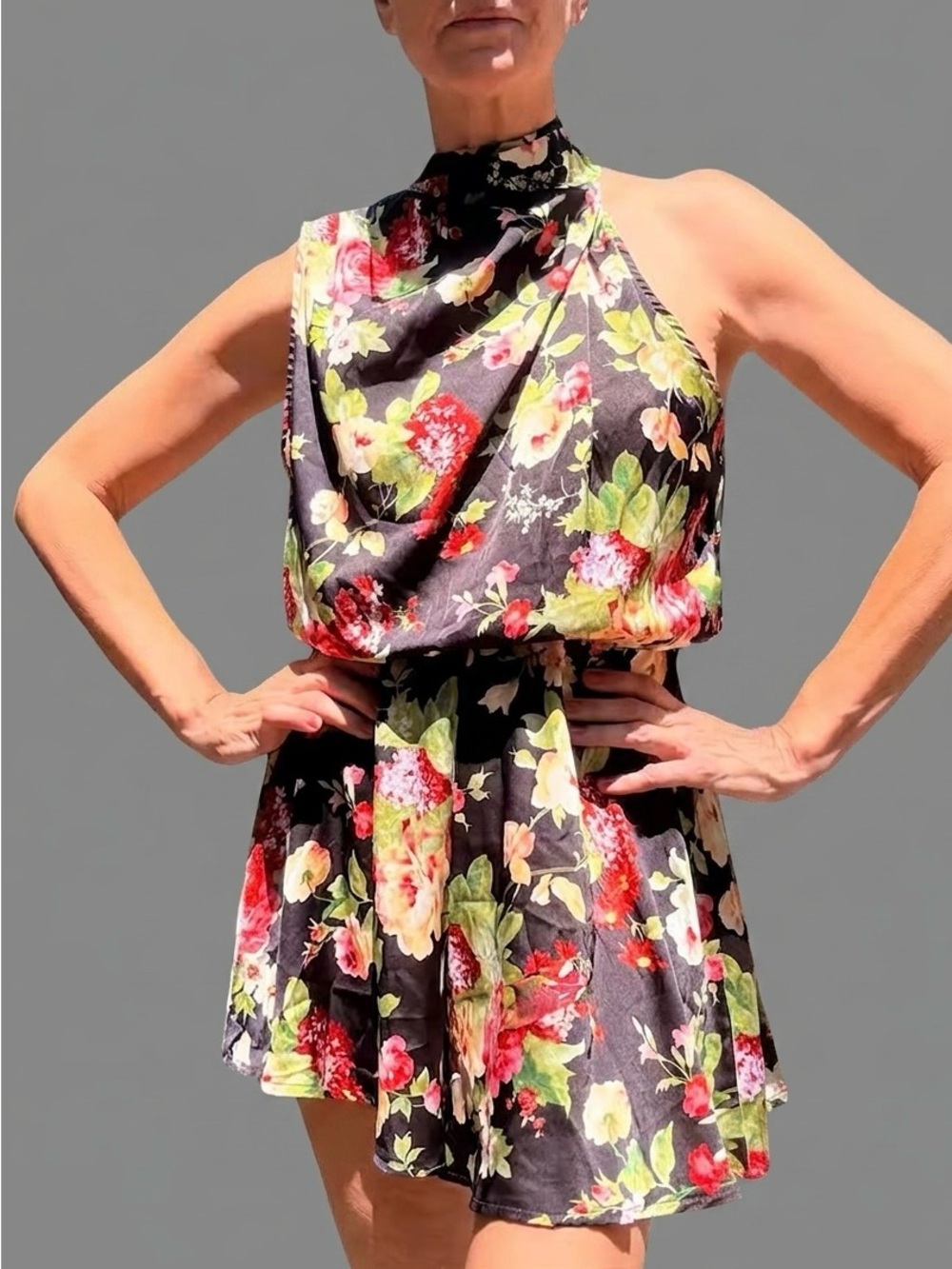 Hello Molly Black Floral Halter Mini Dress with Green & Red Accents
